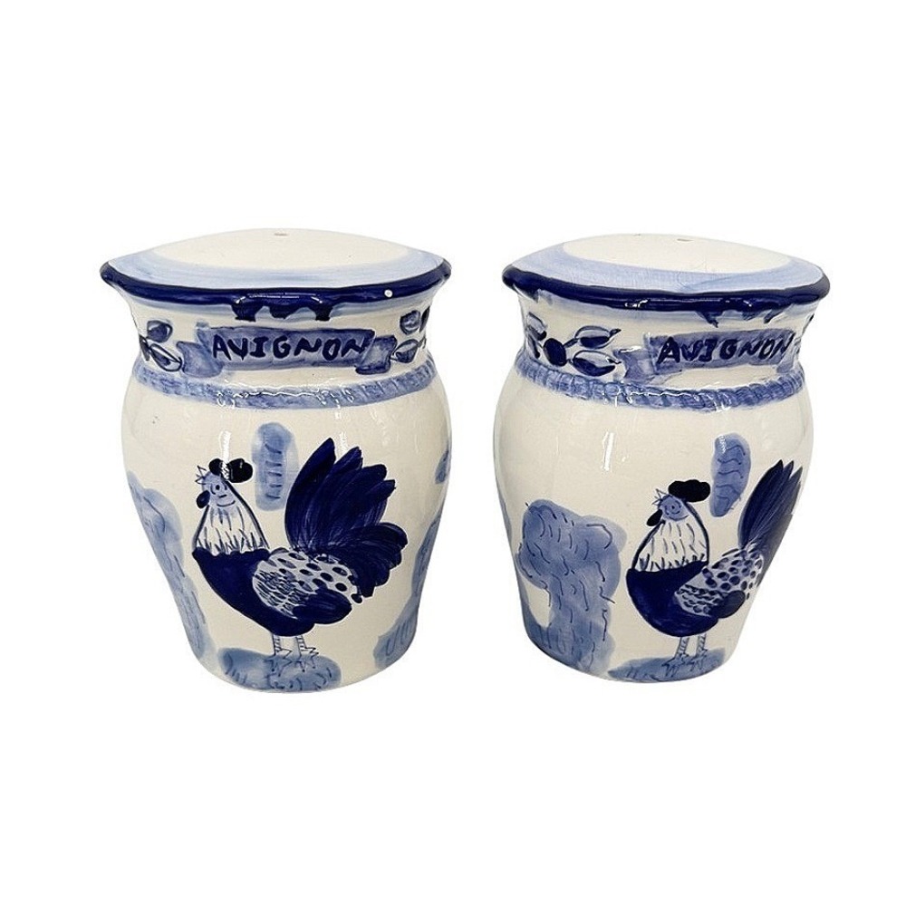 Rooster Chicken Salt Pepper Shakers Blue White French Country Farmhouse Kitchen
